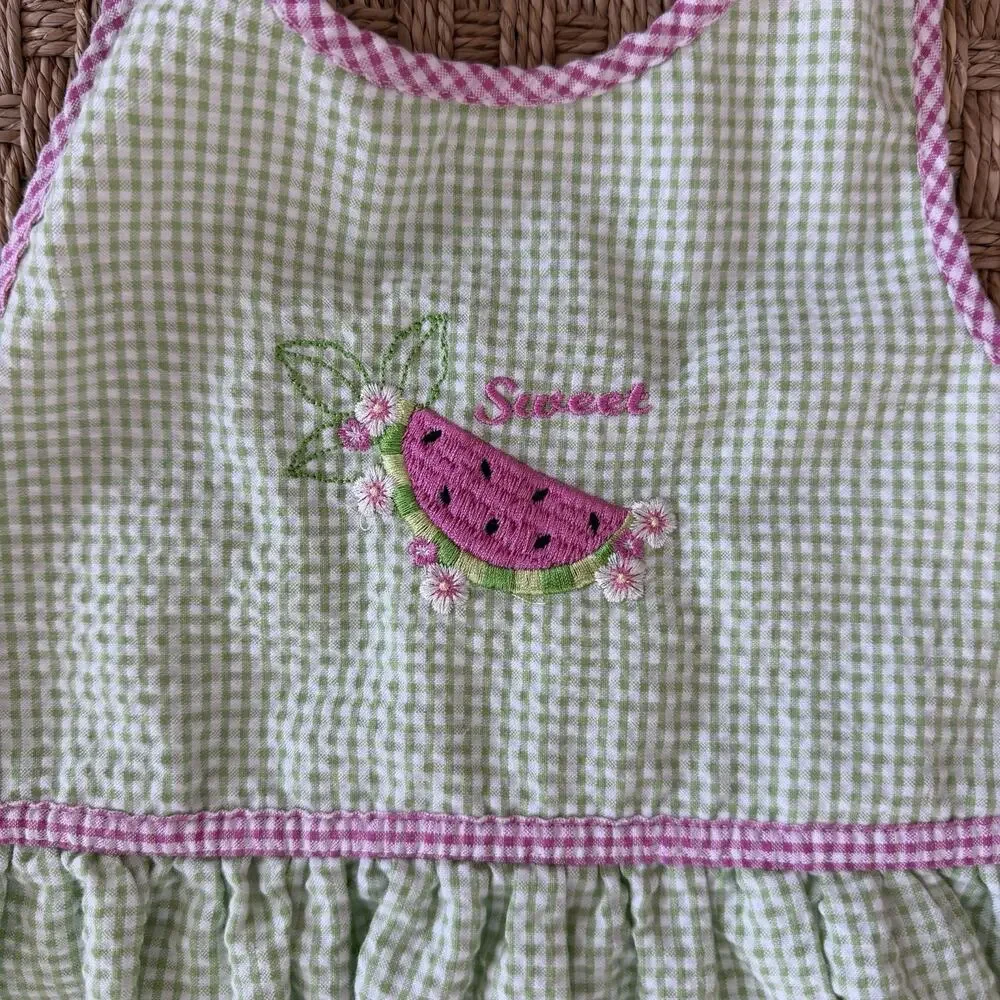 B.T. Kids Vintage Girl’s Dress Pink & Green Gingham Seersucker Watermelon Sz 5